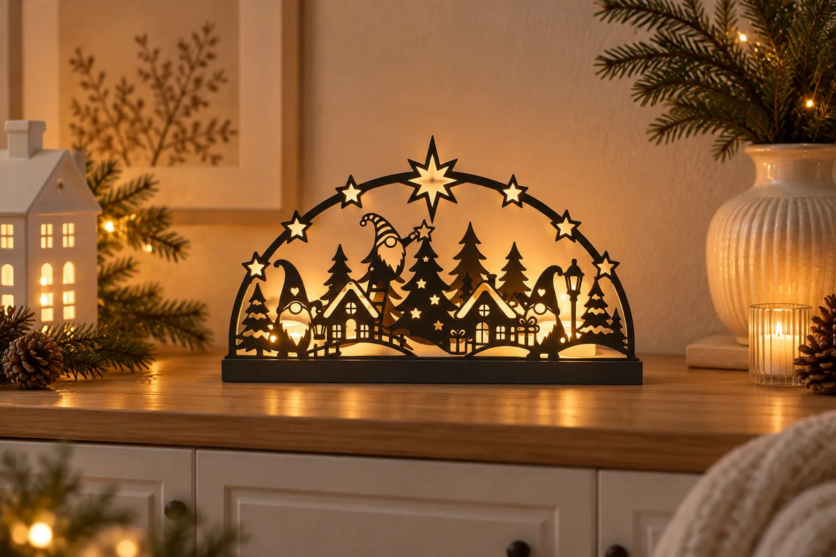 Arco de luz de vila de Natal com gnomos