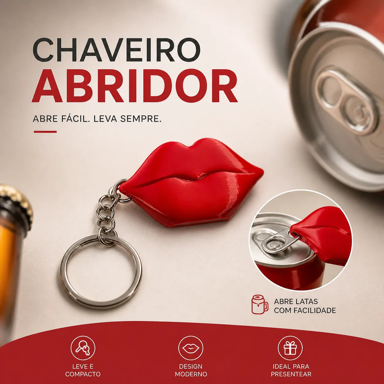 Chaveiro Abridor de Latas, Formato de Lábios Vermelhos
